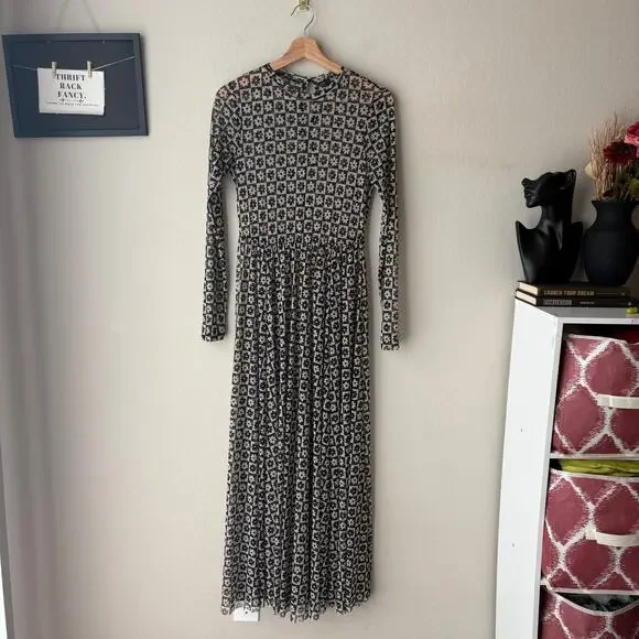 Dressed in Lala Dress Mesh Floral Checkered Long Sleeve Maxi Dress Black White S - Picture 2 of 8
